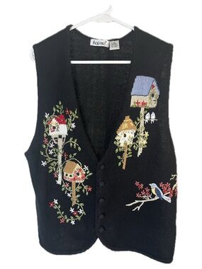 Vintage 90’s Cottagecore V-Neck Birdhouses Embroidered Sweater Vest